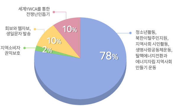 78% : 청소년활동, 북한이탈주민지원, 지역사회 시민활동, 생명사랑공동체운동, 탈핵에너지전환과 에너지자립 지역사회만들기 운동
10% : 세계YWCA를 통한 전쟁난민돕기
10% : 회보와 웹자보, 생일문자 발송
2% : 지역소비자 권익보호
